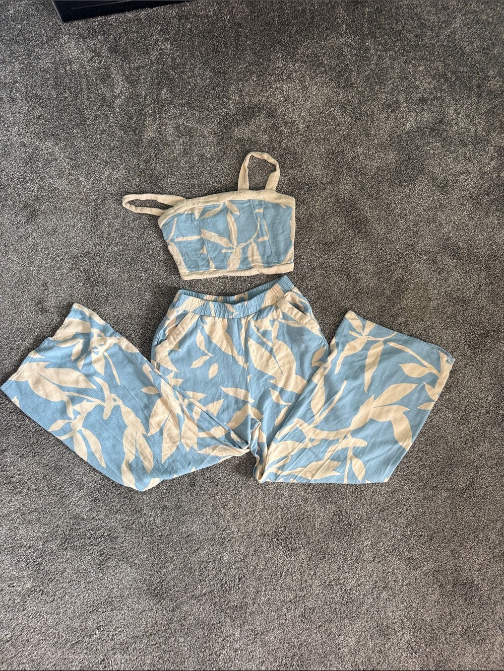 Sienna Sky Blue and Cream Leaf-Print Resort Set- Crop Top & Wide Pants
